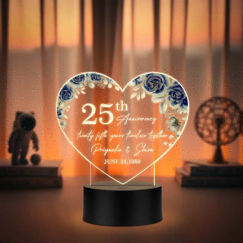 Personalized 25th Anniversary Acrylic LED Lamp with UV Print – Custom Names & Date Silver Jubilee Gift Warm White Light